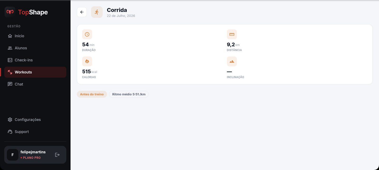 Detalhe da sessão de cardio no portal: duração, distância, calorias e ritmo médio da corrida