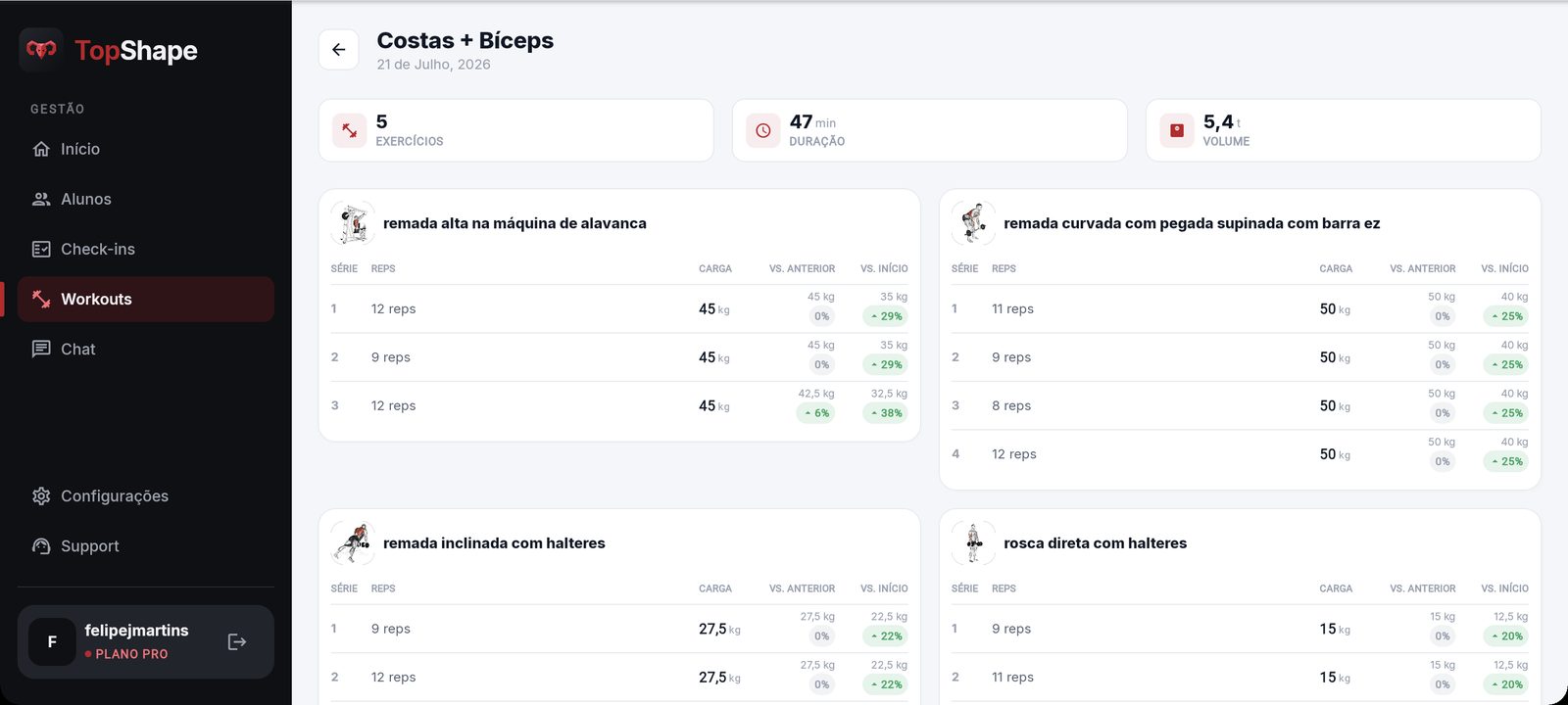 Progressão de carga no portal: percentual de evolução série a série, por exercício