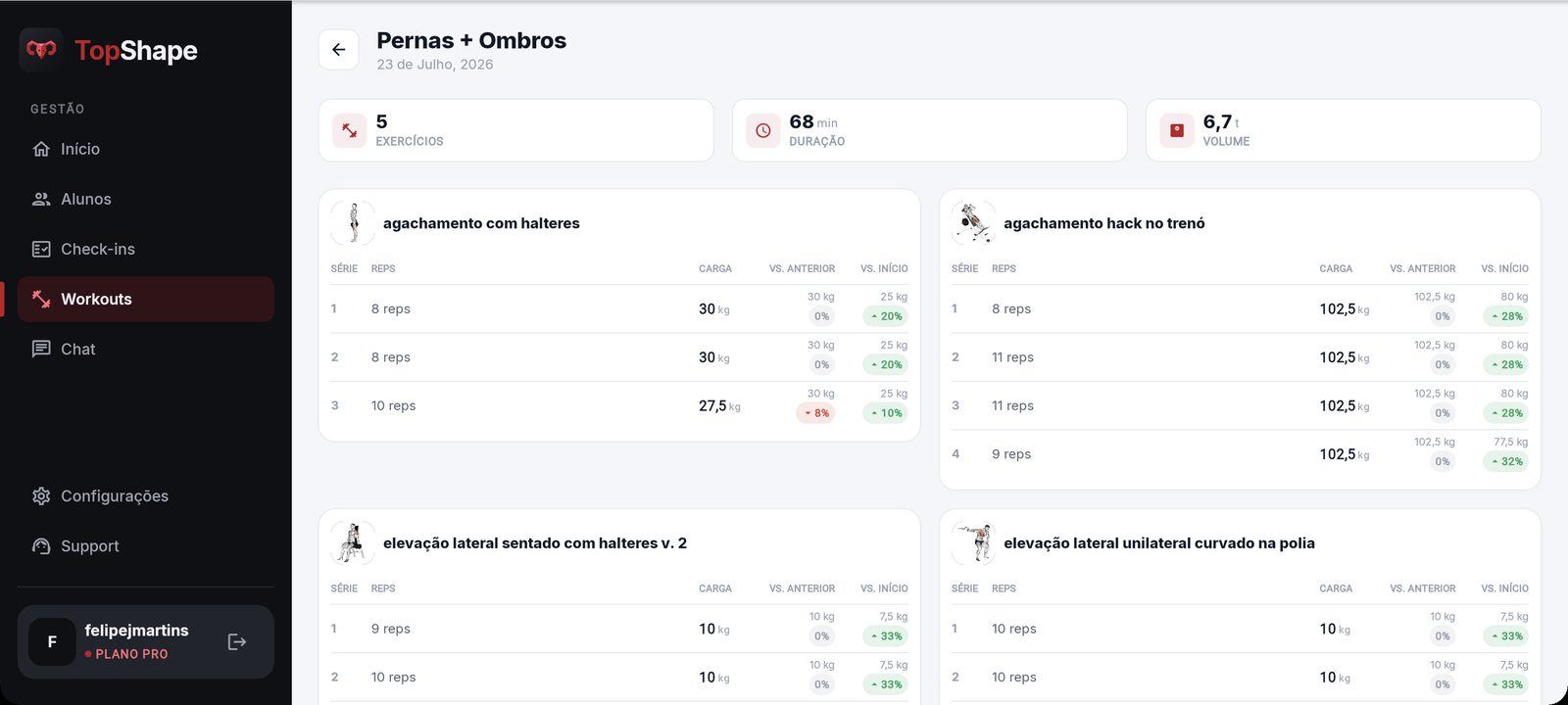 Detalhe da sessão de treino no portal: exercícios com carga por série, comparação com o treino anterior e com o início do programa